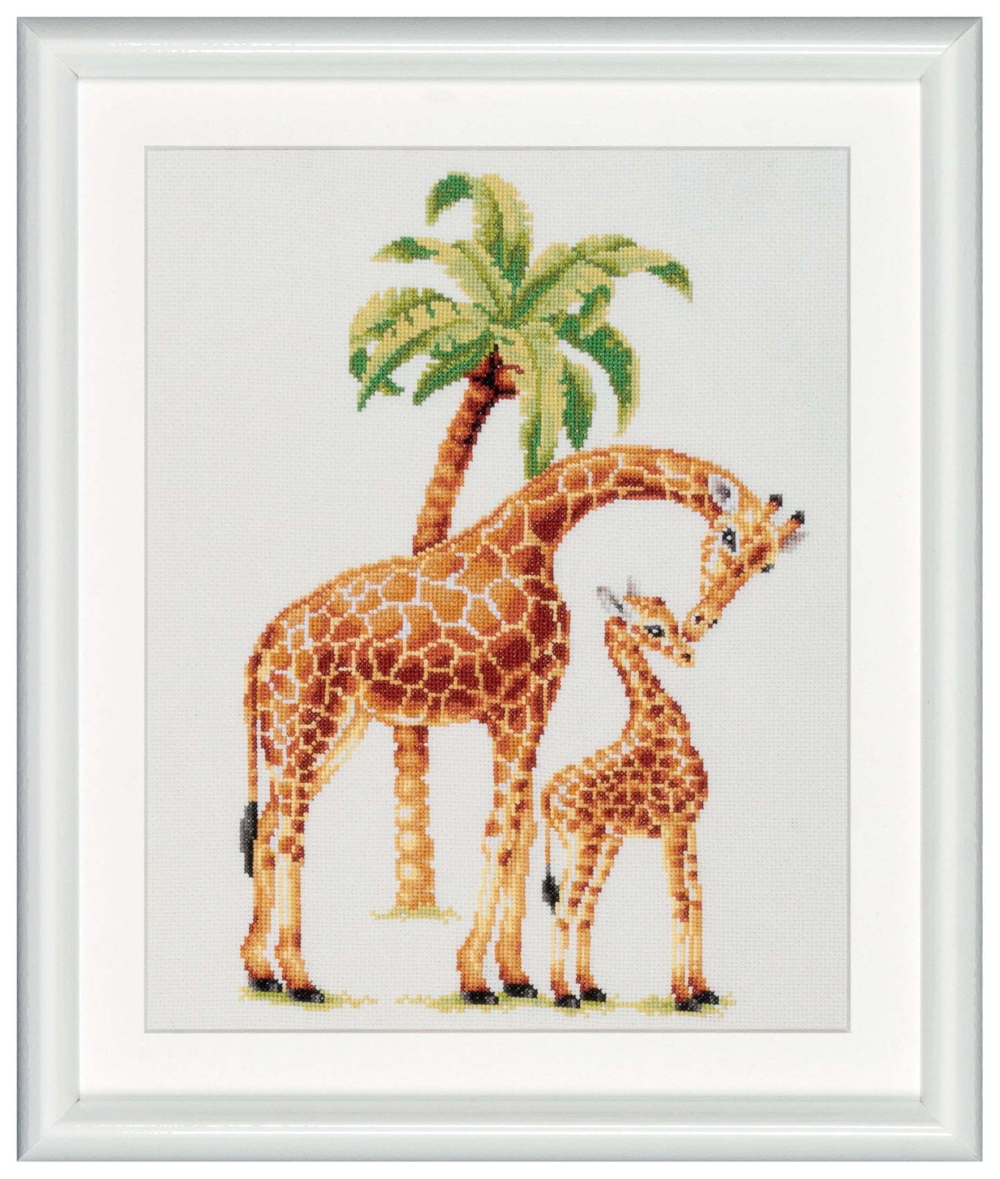 Sharpen your embroidery skills with this well-assorted embroidery kit that features a wonderful and adorable design. A giraffe cuddling a baby giraffe. This scene highlights even more through the contrast of a bright palm tree. Light and dark brown tones come together to form this cute design. DSB cross stitch kits have easy to follow design charts and contain all items needed to facilitate embroidery without hassle. To cater to both beginners as well as advanced stitching artists.