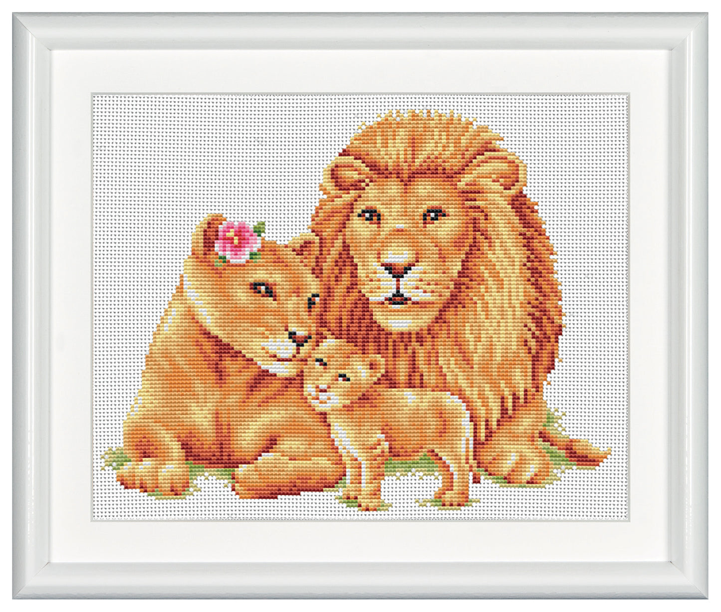 This beautiful design that comprises a lion family of three. Lion parents look so happy and proud with their young one. a Bright flower placed next to the lioness ear for a touch a of pink. DSB cross stitch kits have easy to follow design charts and contain all items needed to facilitate embroidery without hassle. To cater to both beginners as well as advanced stitching artists.