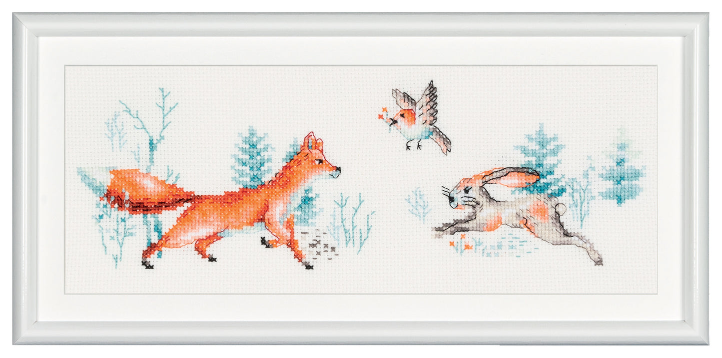 Add grace to your interiors with a playful fox embroidery kit that allows you to push your cross stitch skills up a notch. The design features a bird, a playful fox, and a rabbit running towards each other, set in a mix of light and bright shades. The dark conical trees serve as the forest backdrop. DSB cross stitch kits have easy to follow design charts and contain all items needed to facilitate embroidery without hassle. To cater to both beginners as well as advanced stitching artists.