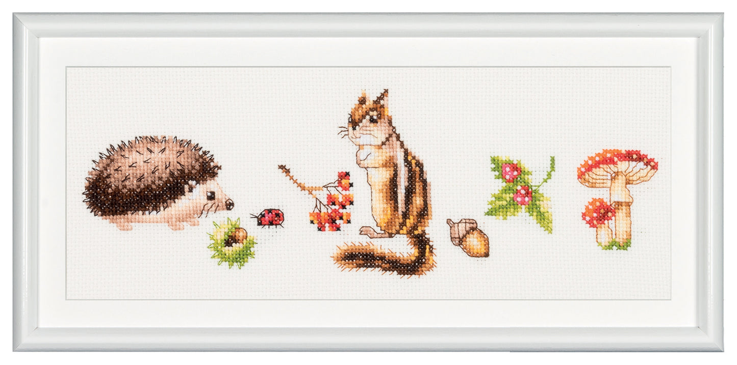 This typical fall season inspired design features a classic red mushroom, small leaves with berries, a chestnut, acorn, ladybug, hedgehog and squirrel. Creating a warm and beautiful fall season color palette. DSB cross stitch kits have easy to follow design charts and contain all items needed to facilitate embroidery without hassle. To cater to both beginners as well as advanced stitching artists.