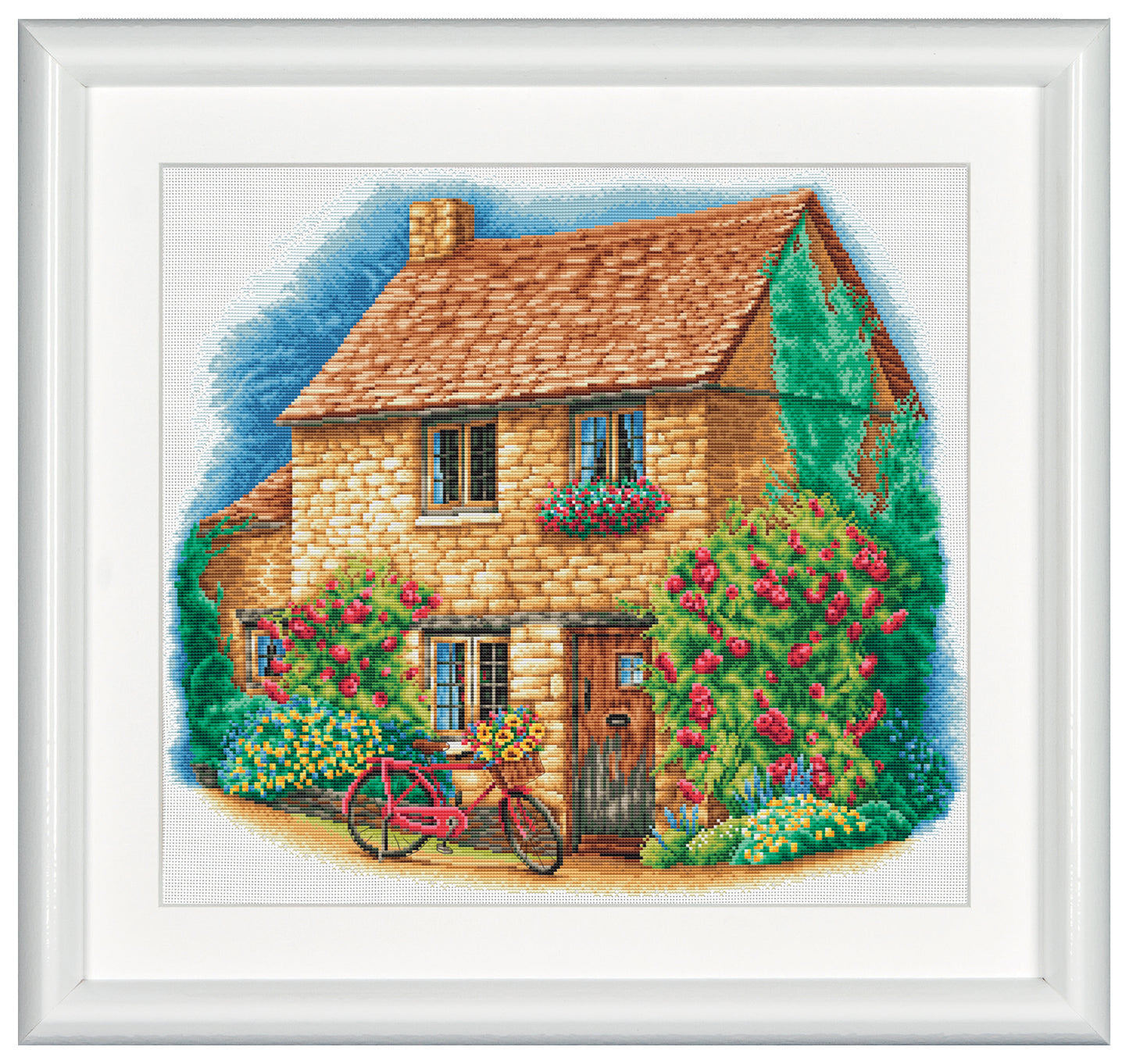 The cross stitch-kit features a cute cottage house, perfect to add a country-style touch in modern abodes. The rustic brown color of the bricks, surrounded by charming floral colors and the bright red bike give an appealing contrast. DSB cross stitch kits have easy to follow design charts and contain all items needed to facilitate embroidery without hassle. To cater to both beginners as well as advanced stitching artists.