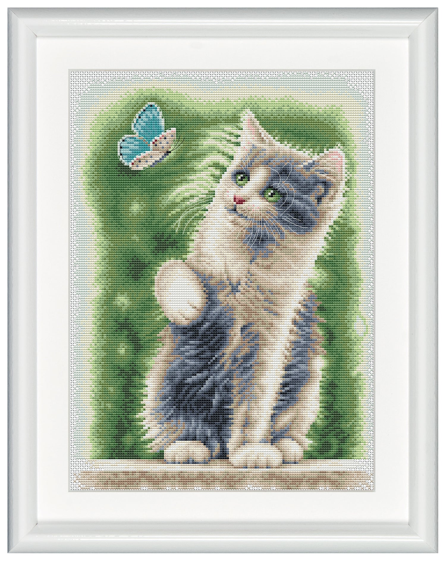 Enhance your embroidery skills with a well-assorted kit that features a cat and butterfly design. Vibrant colors, including shades of green, blue, and off-white represent this sweet moment of a furry cat being intrigued by the butterfly. DSB cross stitch kits have easy to follow design charts and contain all items needed to facilitate embroidery without hassle. To cater to both beginners as well as advanced stitching artists.