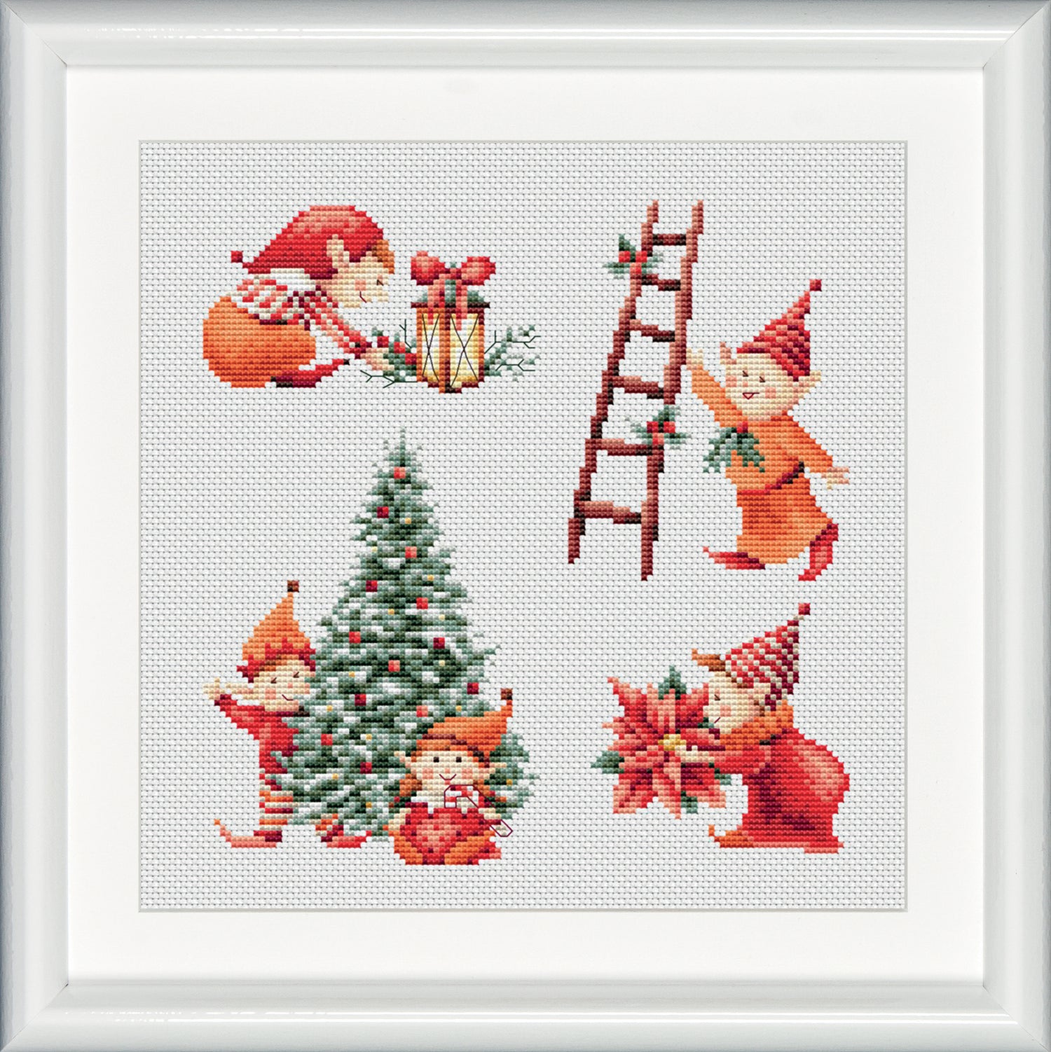 Three lovely embroidery designs of Christmase elves. This first design shows five elves busy with Christmas decorations. The color palette in warm tones highlighted with Christmas red! DSB cross stitch kits have easy to follow design charts and contain all items needed to facilitate embroidery without hassle. To cater to both beginners as well as advanced stitching artists. 